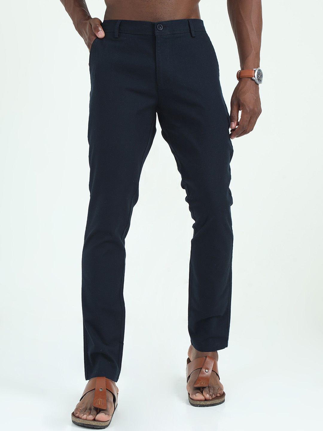 

FLY 69 Men Comfort Skinny Fit Linen Mid Rise Trousers, Navy blue