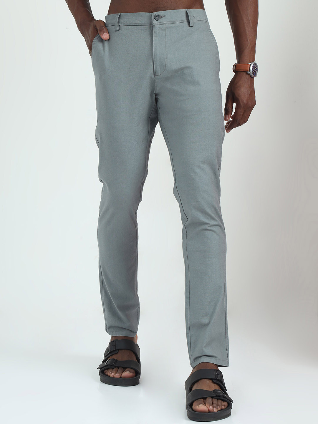 

FLY 69 Men Comfort Skinny Fit Linen Mid Rise Chinos Trousers, Grey