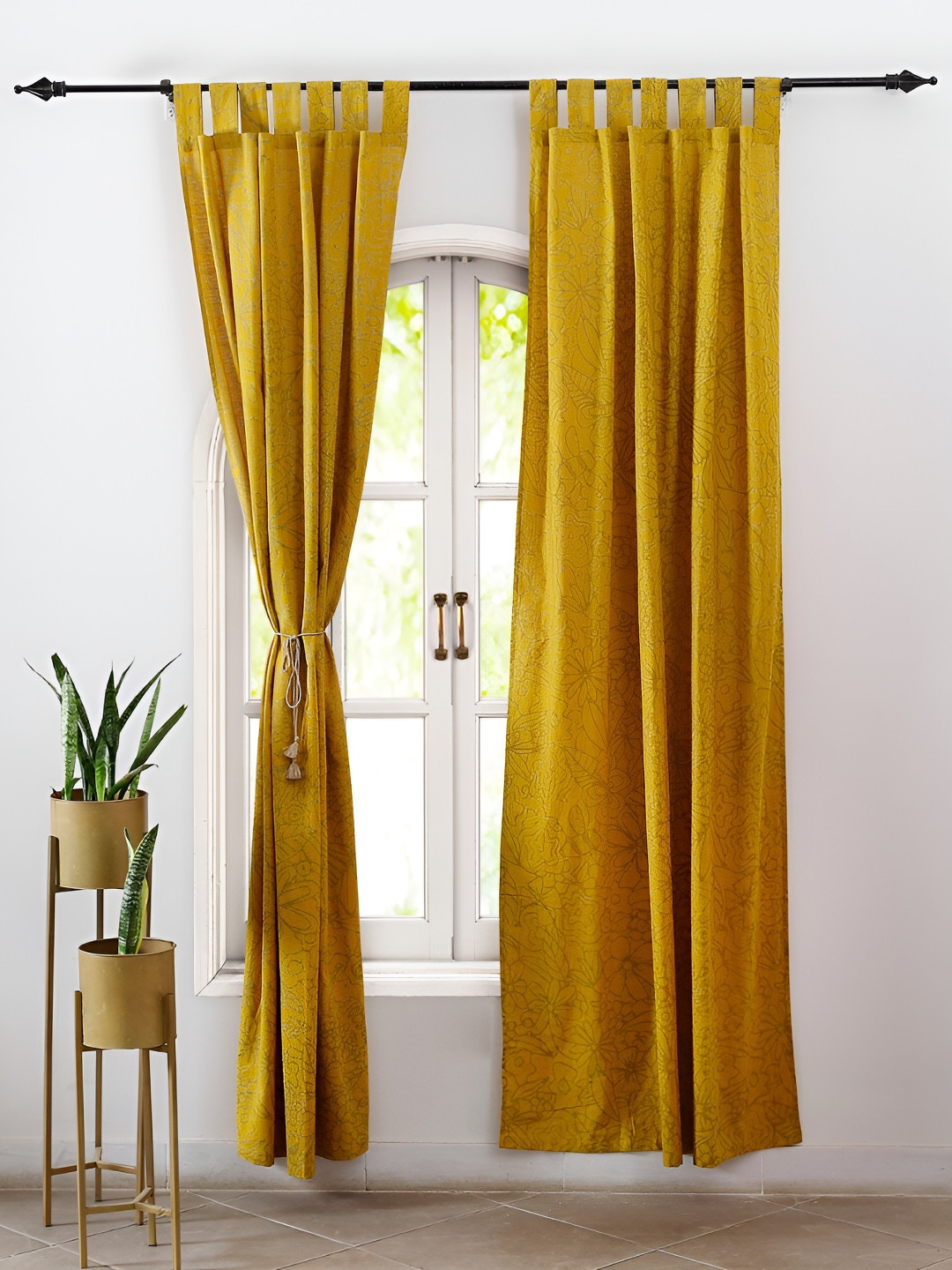 

Aura Yellow Set of 2 Floral Black Out Door Curtain