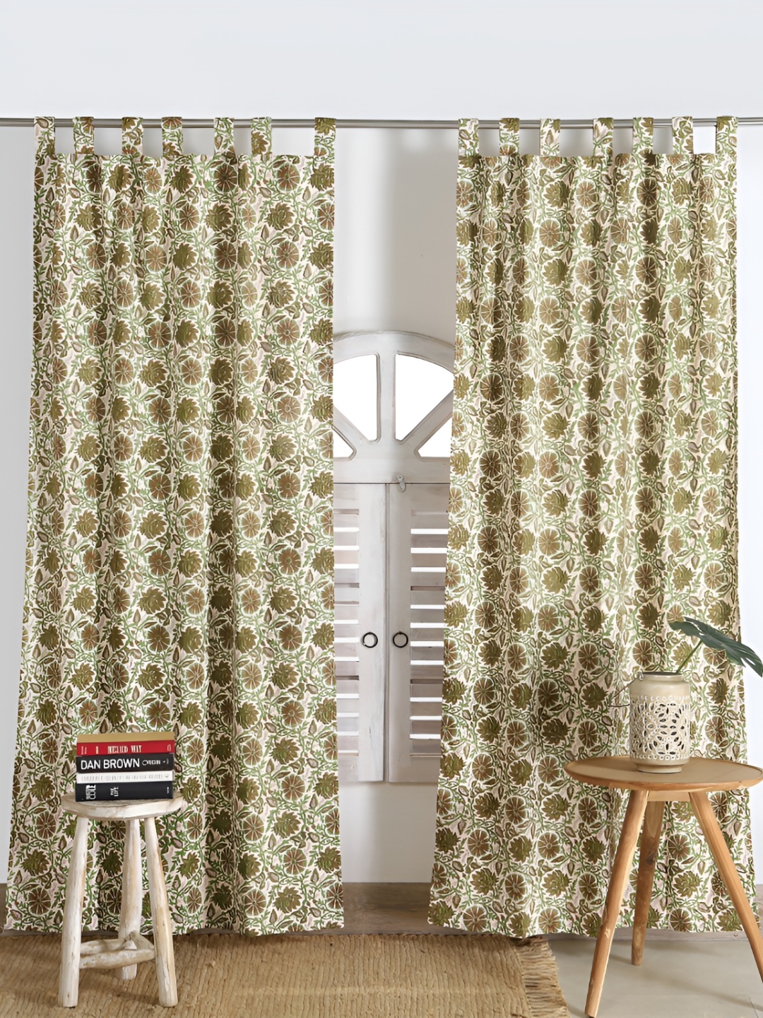 Aura Brown & Green Set of 2 Floral Black Out Door Curtain