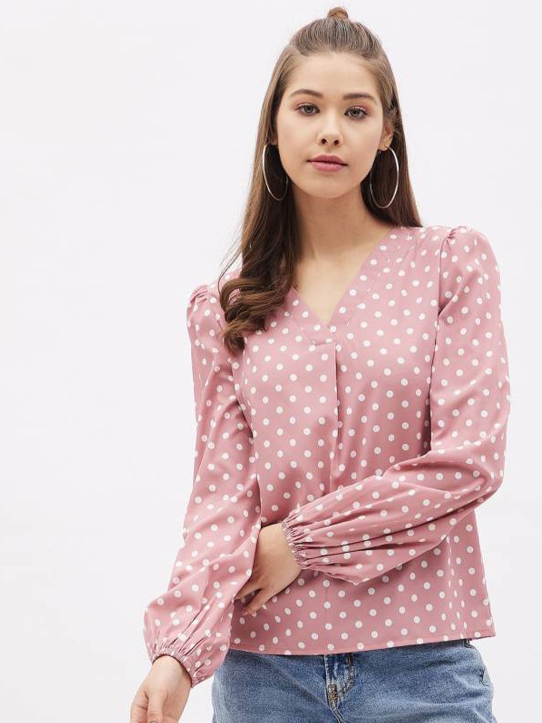 

Fab Star V Neck Polka Dot Printed Top, Pink