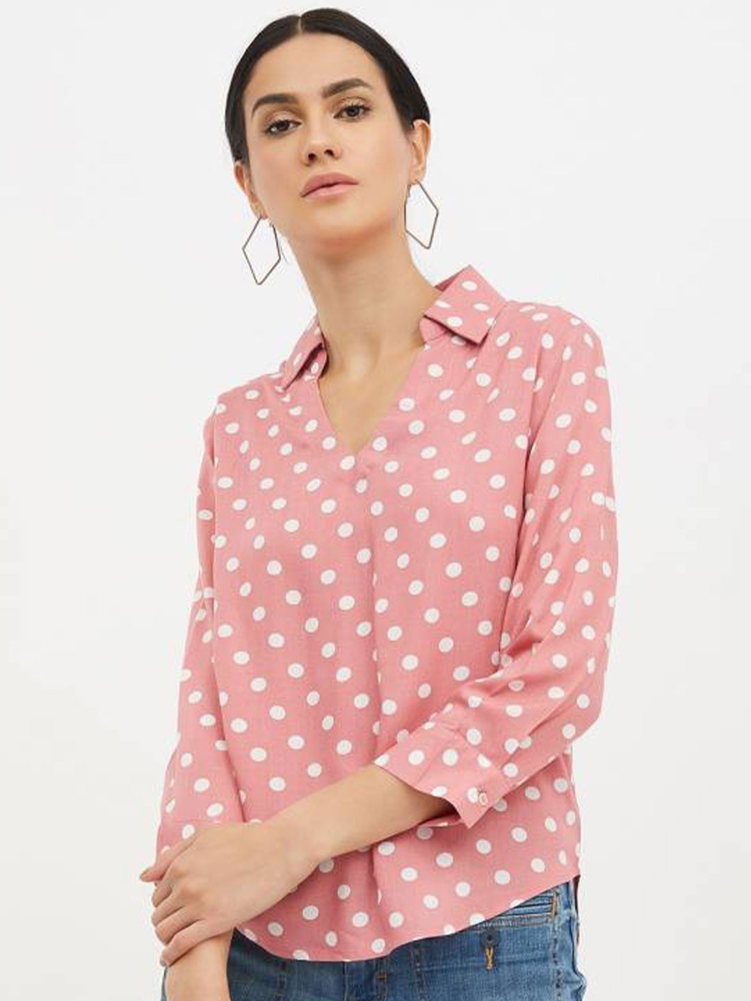 

Fab Star Shirt Collar Polka Dot Print Shirt Style Top, Pink