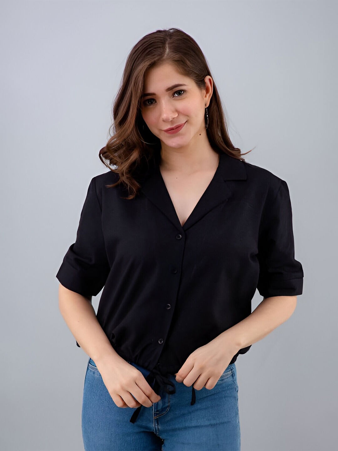 

Fab Star V Neck Cotton Blouson Top, Black