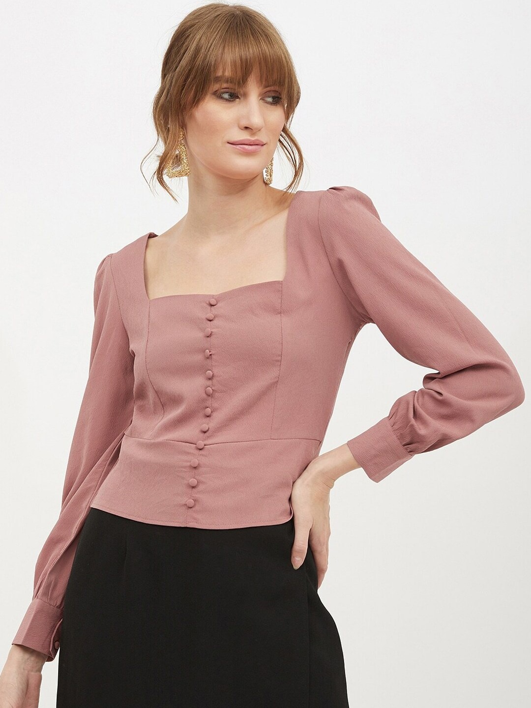 

Fab Star Square Neck Cuffed Sleeve Top, Pink