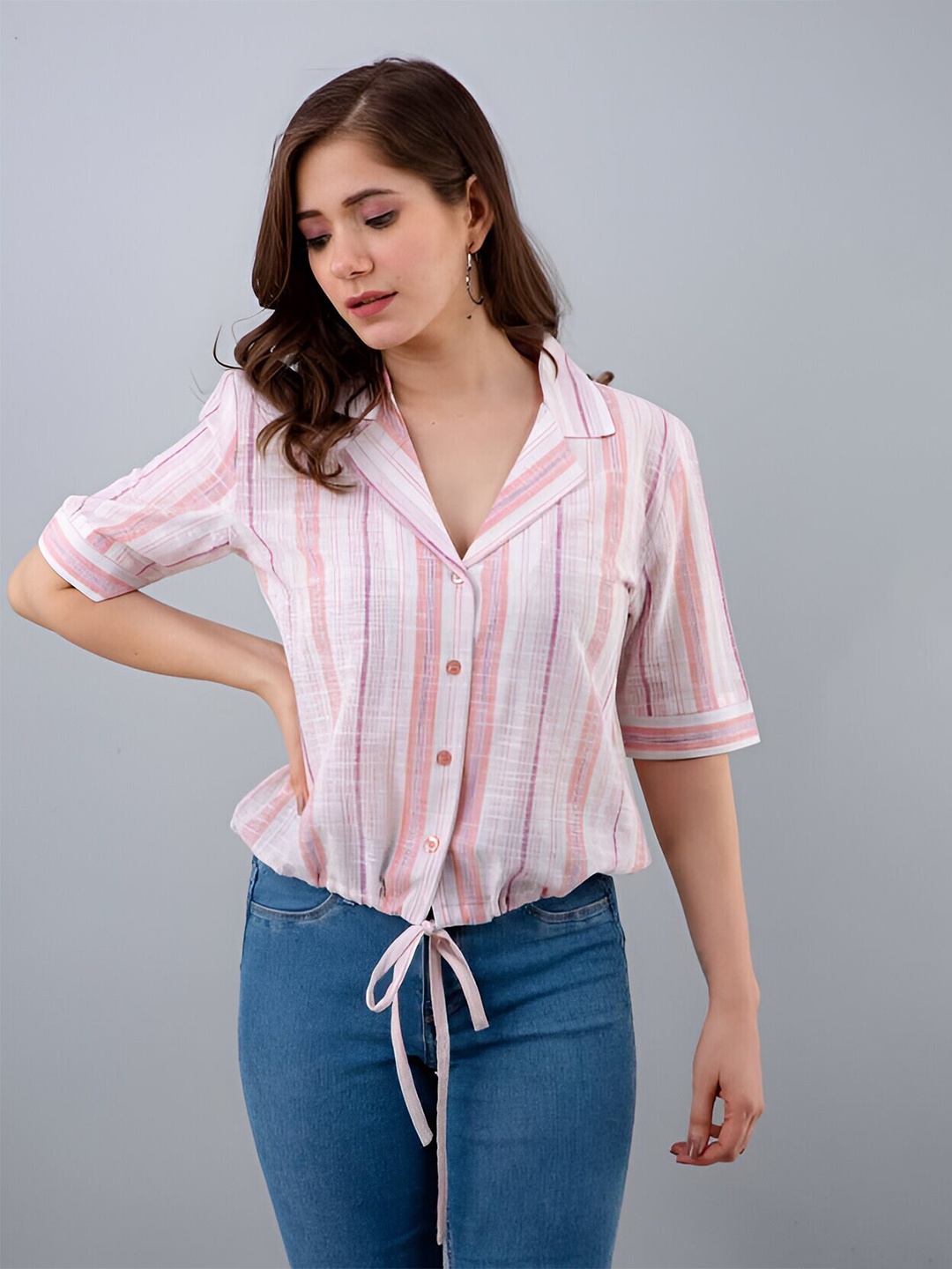 

Fab Star Striped Cotton Shirt Style Top, Pink