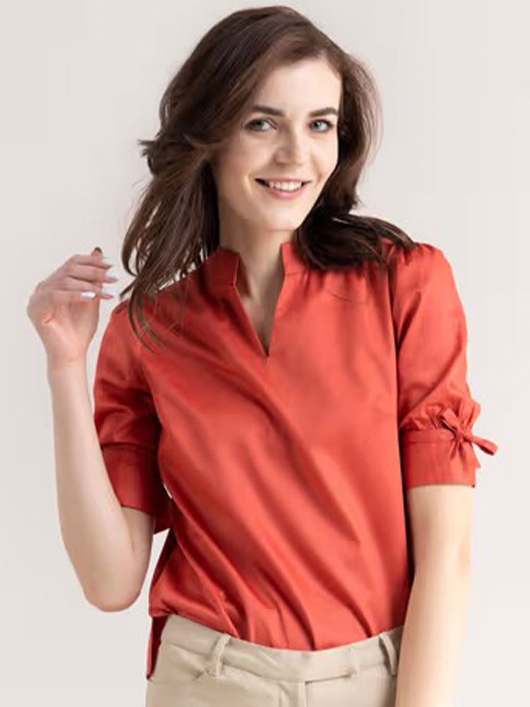 

Fab Star Mandarin Collar Short Puff Sleeves Regular Top, Red