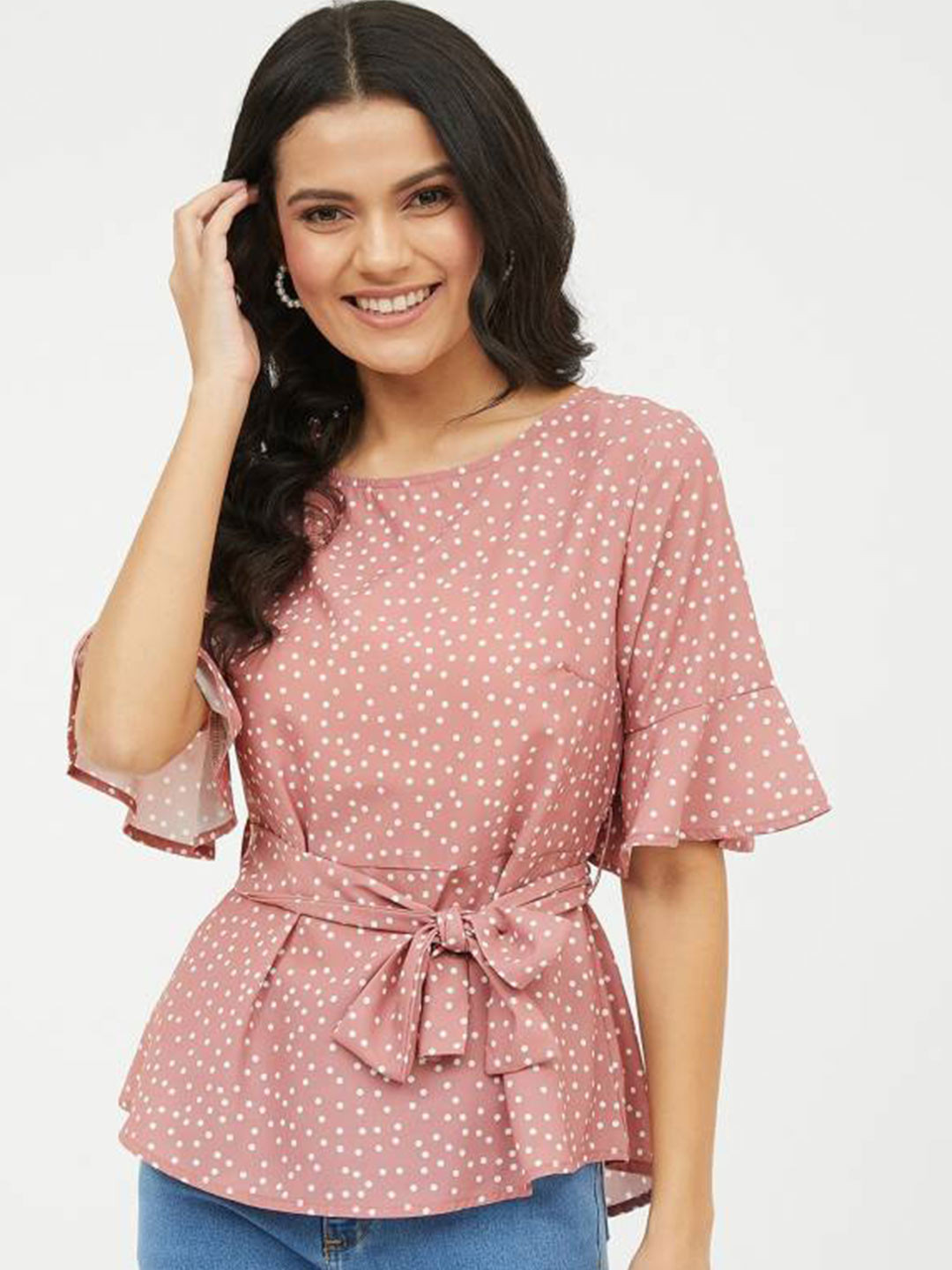 

Fab Star round Neck Bell Sleeve Cinched Waist Top, Pink