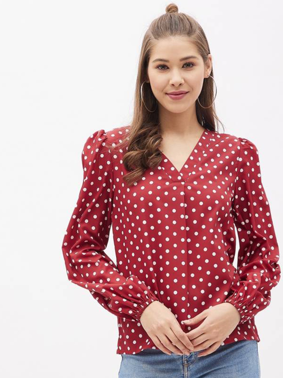 

Fab Star V Neck Polka Dot Printed Top, Maroon