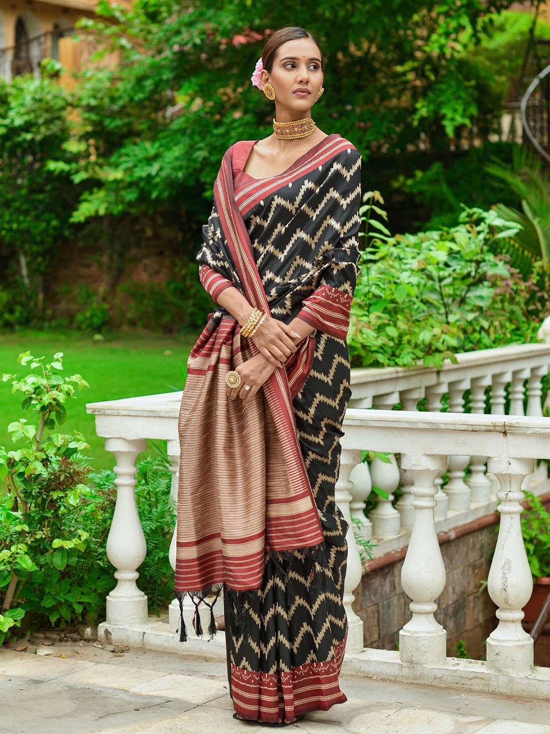 

Mitera Embellished Silk Blend Designer Saree, Black