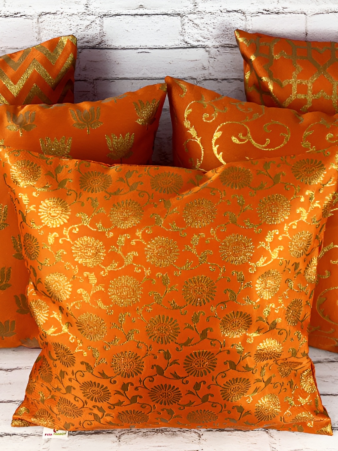 

Pink Parrot Orange & Gold-Toned Set of 5 Ethnic Motifs Square Cushion Covers