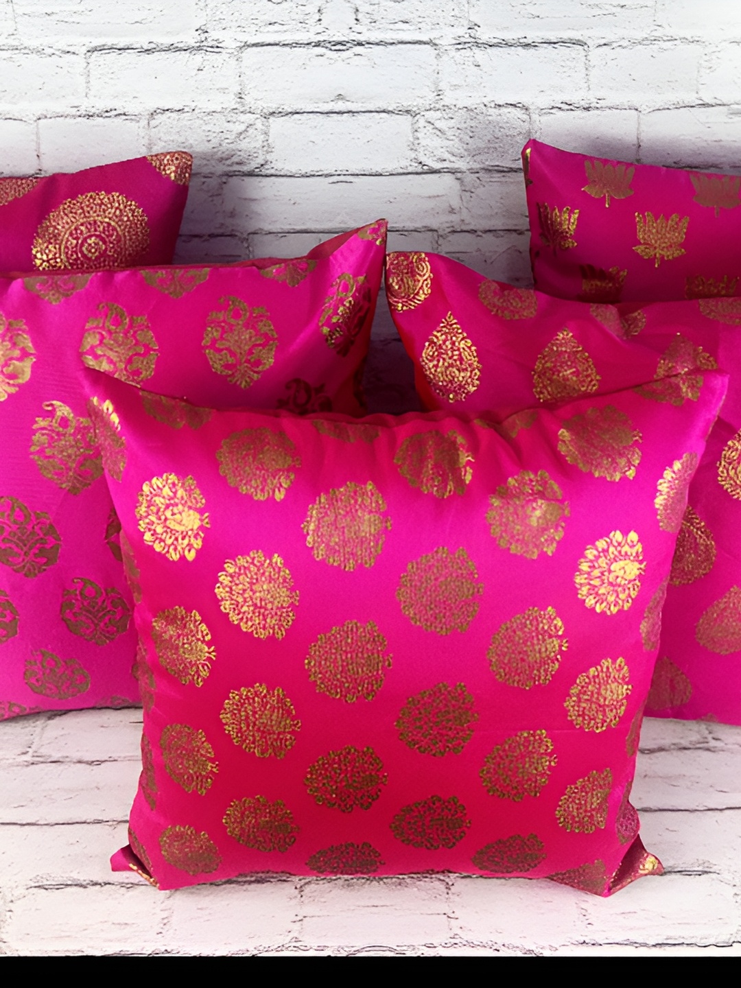 

Pink Parrot Pink & Gold-Toned Set of 5 Ethnic Motifs Square Cushion Covers