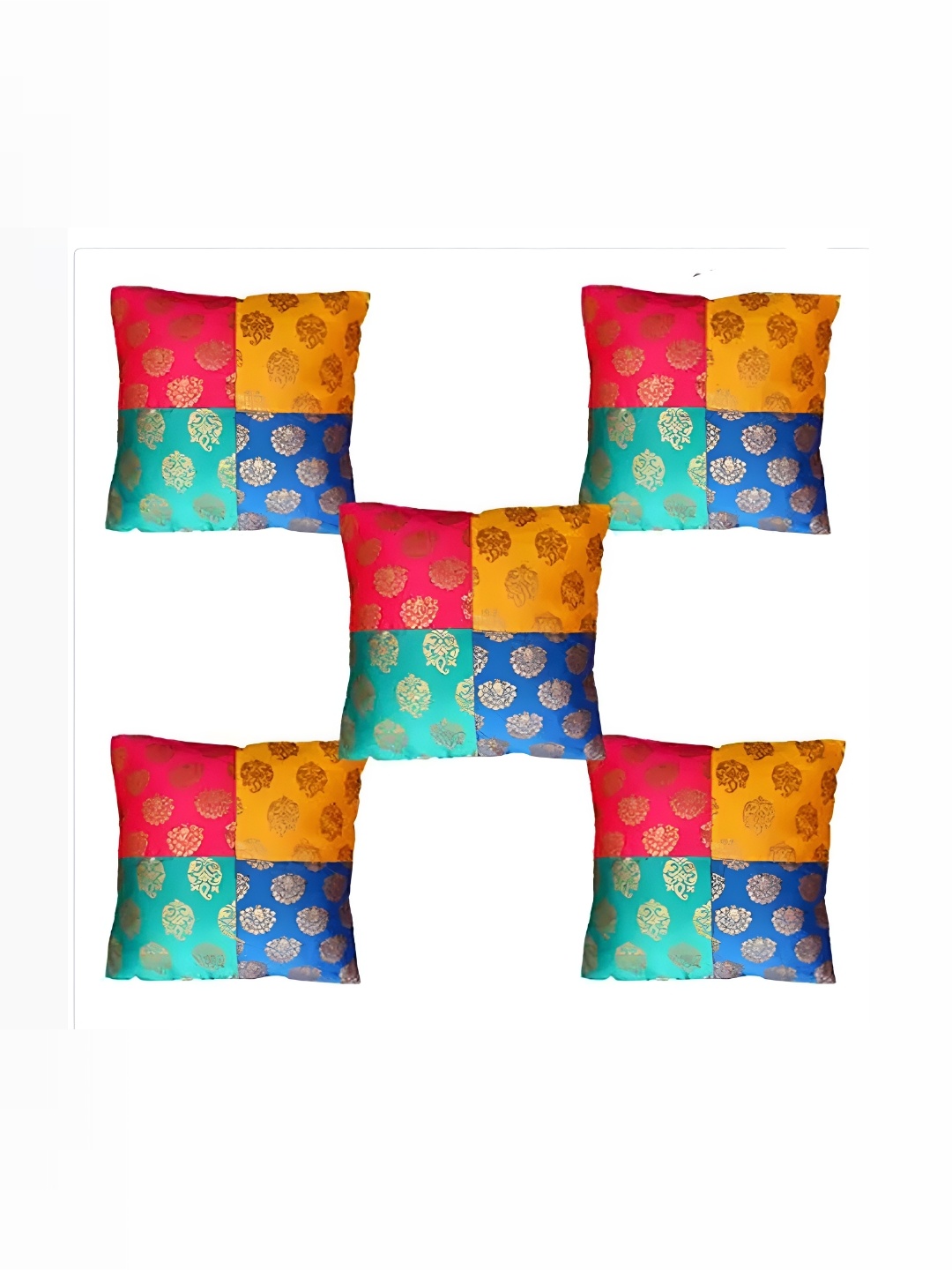 

Pink Parrot Blue & Yellow Set of 5 Ethnic Motifs Square Cushion Covers