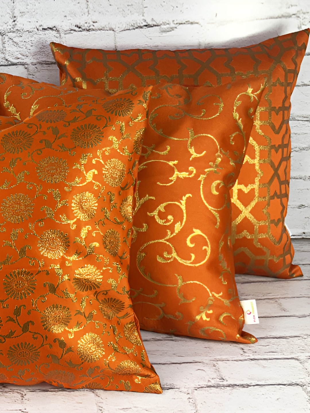 

Pink Parrot Orange & Gold-Toned Set of 5 Ethnic Motifs Square Cushion Covers