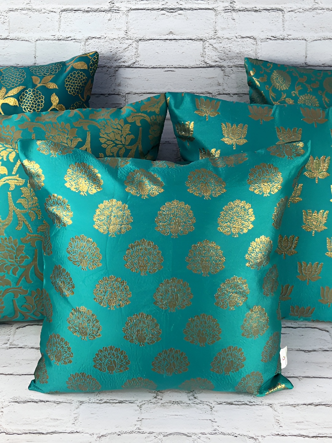 

Pink Parrot Green & Gold-Toned Set of 5 Ethnic Motifs Square Cushion Covers