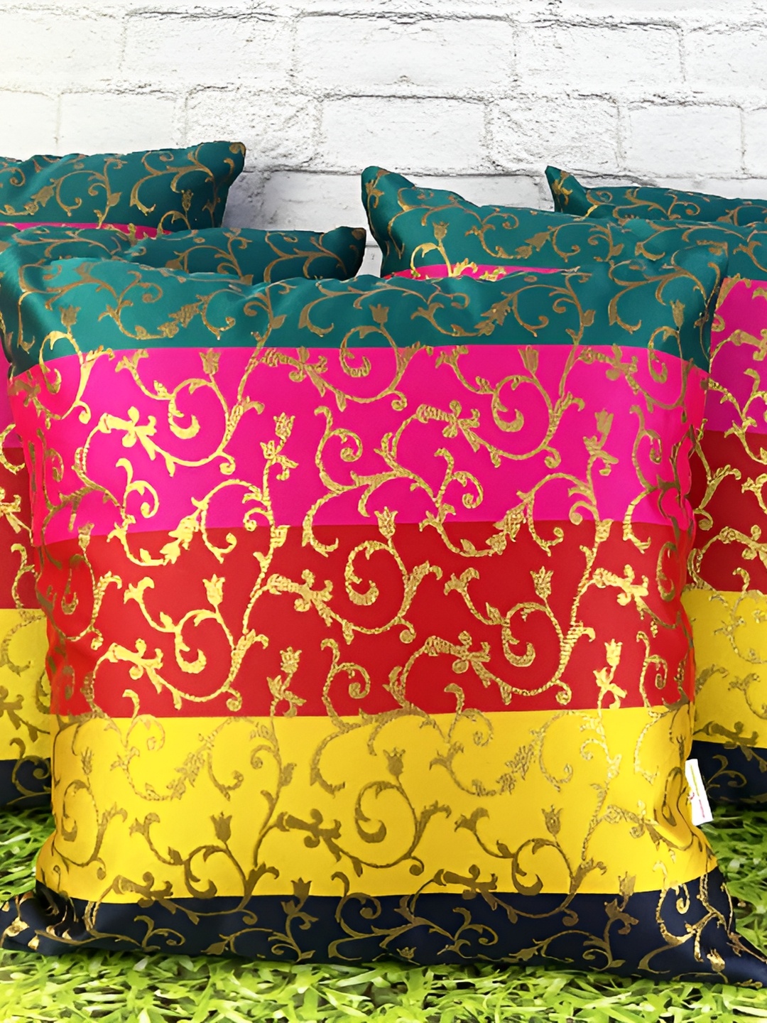 

Pink Parrot Green & Red Set of 5 Ethnic Motifs Square Cushion Covers