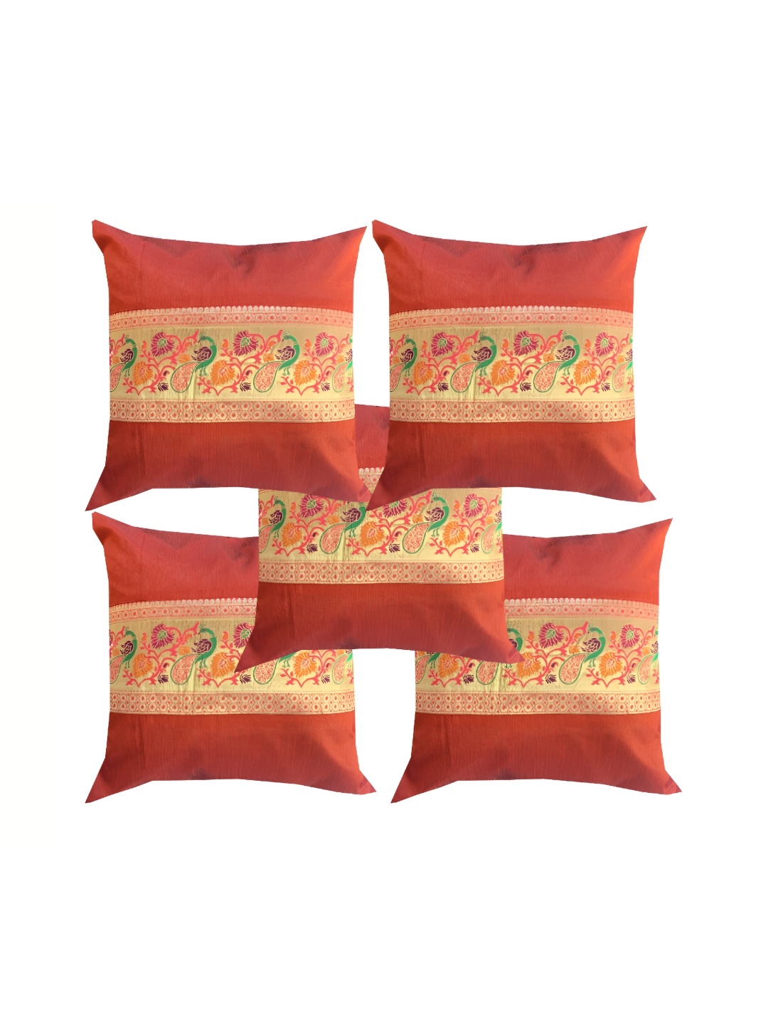 

Pink Parrot Orange & Green Set of 5 Ethnic Motifs Square Cushion Covers