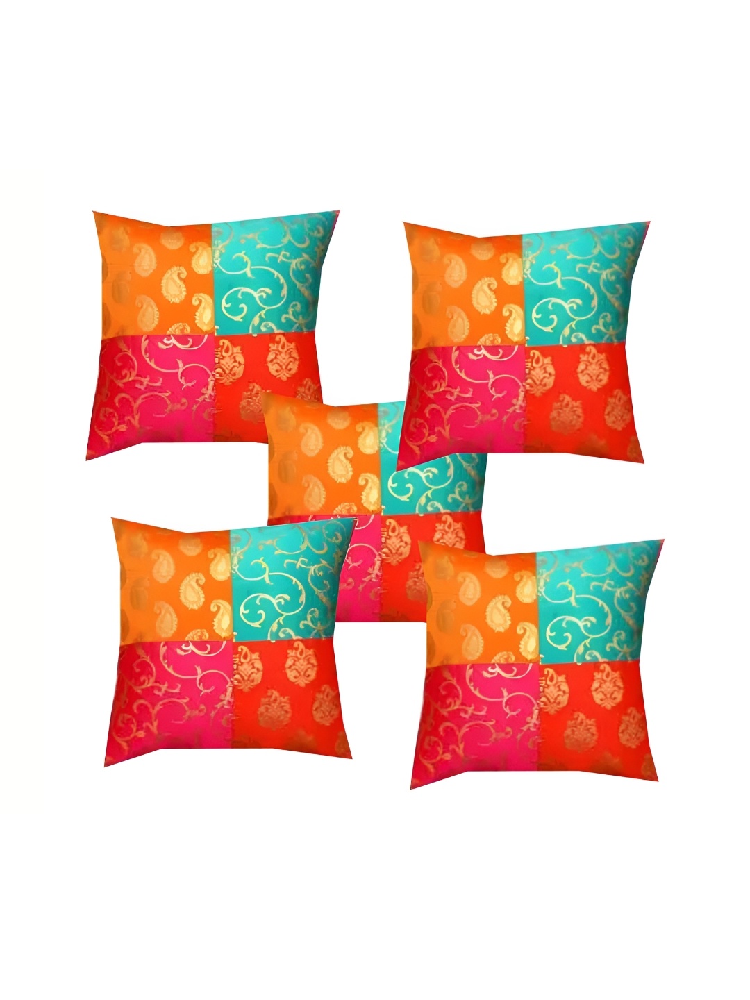 

Pink Parrot Orange & Green Set of 5 Ethnic Motifs Square Cushion Covers