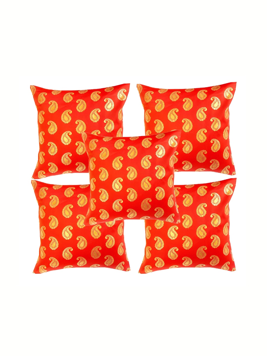 

Pink Parrot Orange & Gold-Toned Set of 5 Ethnic Motifs Square Cushion Covers