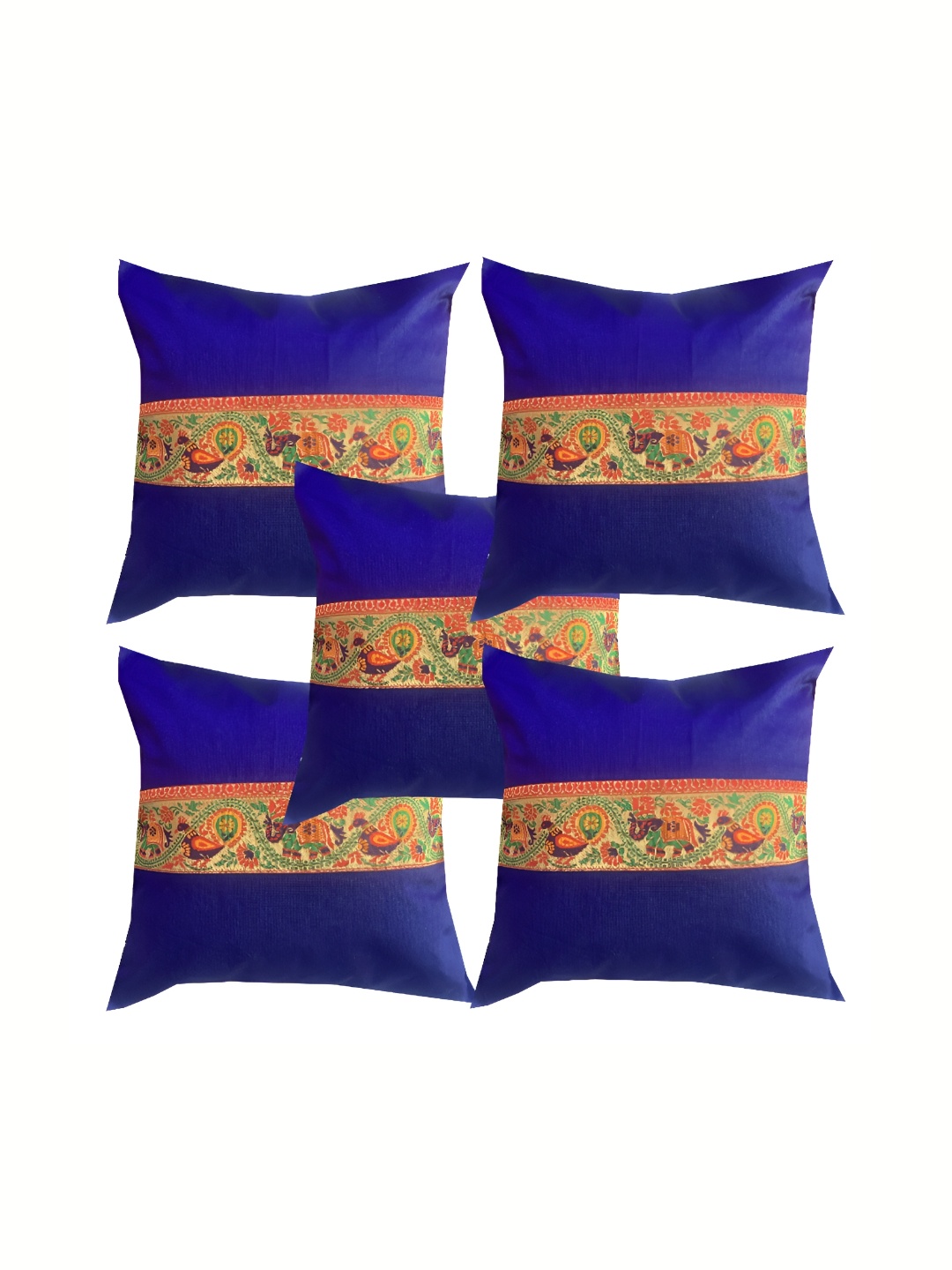 

Pink Parrot Navy Blue & Green Set of 5 Ethnic Motifs Square Cushion Covers