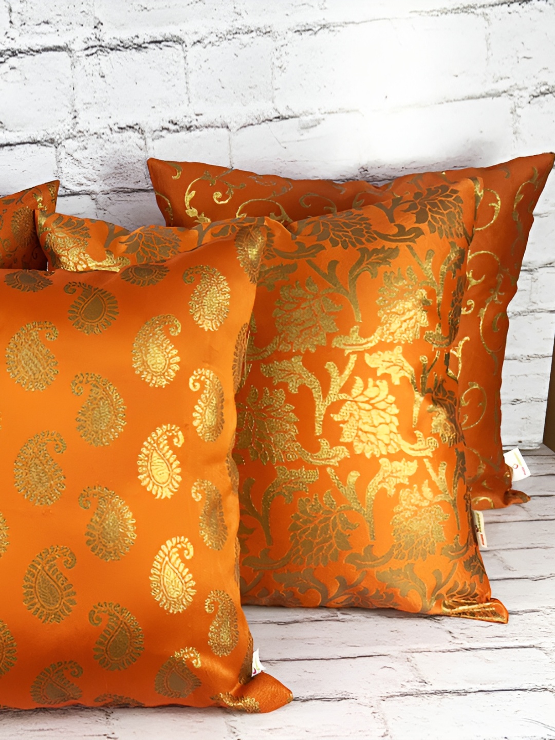 

Pink Parrot Orange & Gold-Toned Set of 5 Ethnic Motifs Square Cushion Covers