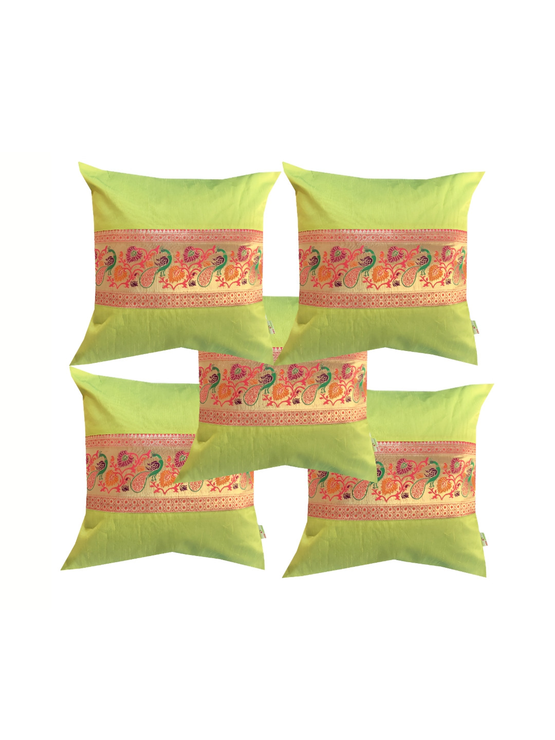 

Pink Parrot Green & Pink Set of 5 Ethnic Motifs Square Cushion Covers