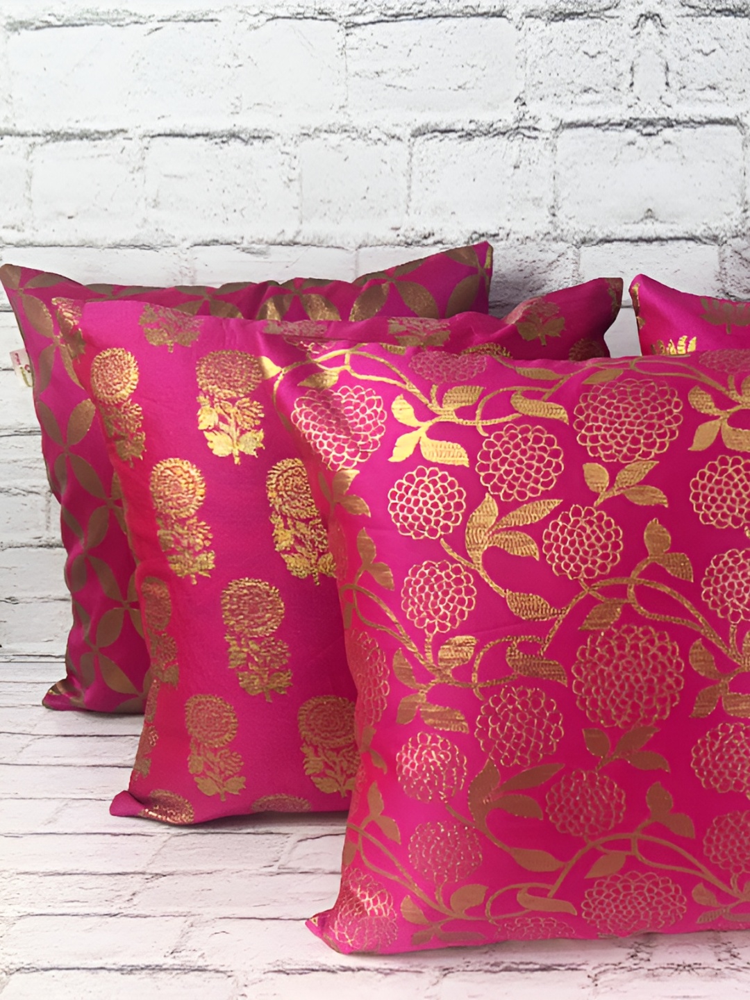 

Pink Parrot Pink & Gold-Toned Set of 5 Ethnic Motifs Square Cushion Covers