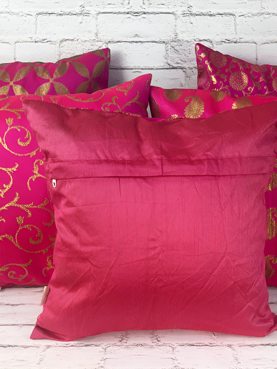 

Pink Parrot Pink & Gold-Toned Set of 5 Ethnic Motifs Square Cushion Covers