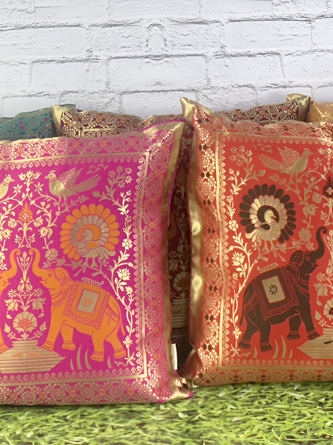 

Pink Parrot Pink & Green Set of 5 Ethnic Motifs Square Cushion Covers