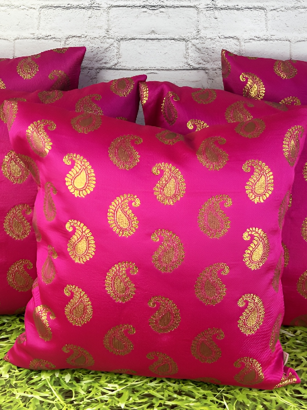 

Pink Parrot Pink & Gold-Toned Set of 5 Ethnic Motifs Square Cushion Covers
