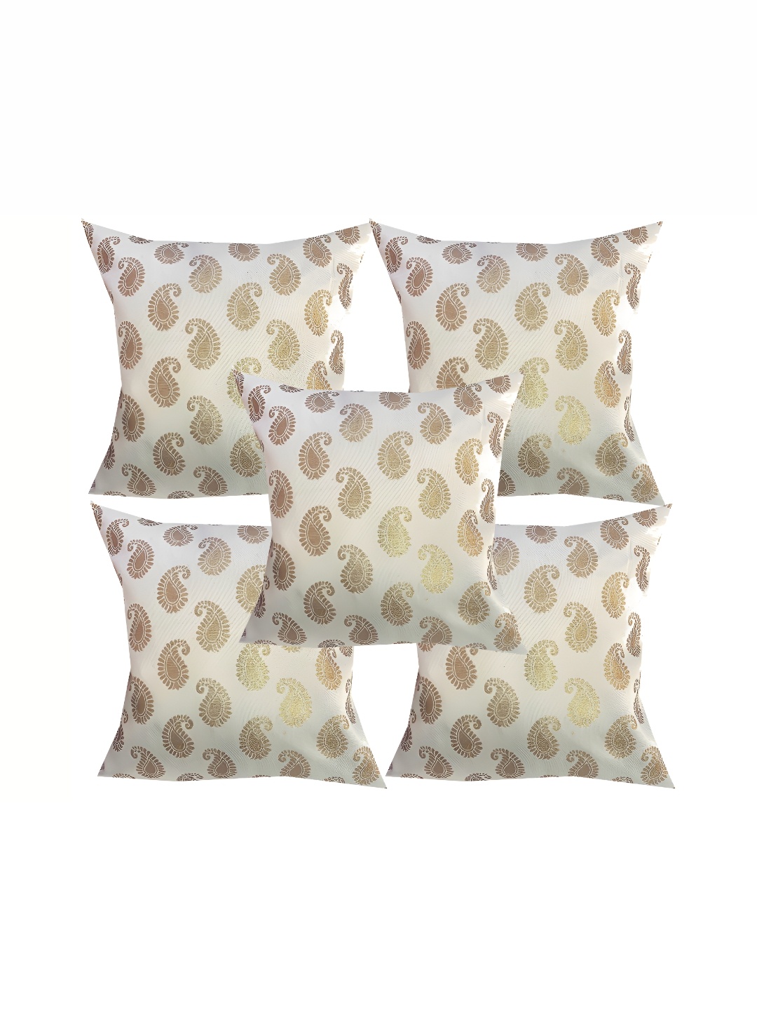 

Pink Parrot White & Gold-Toned Set of 5 Ethnic Motifs Square Cushion Covers