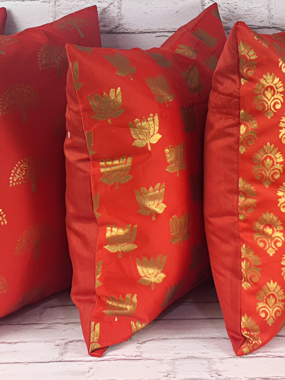

Pink Parrot Red & Gold-Toned Set of 5 Ethnic Motifs Square Cushion Covers