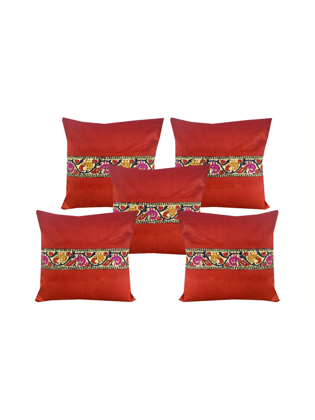 

Pink Parrot Red & Yellow Set of 5 Ethnic Motifs Square Cushion Covers