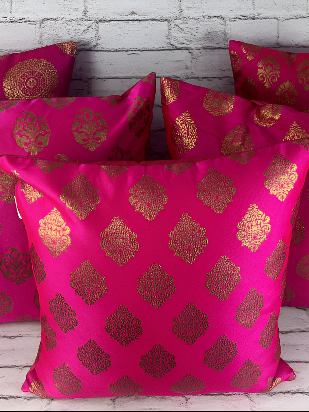 

Pink Parrot Pink & Gold-Toned Set of 5 Ethnic Motifs Square Cushion Covers