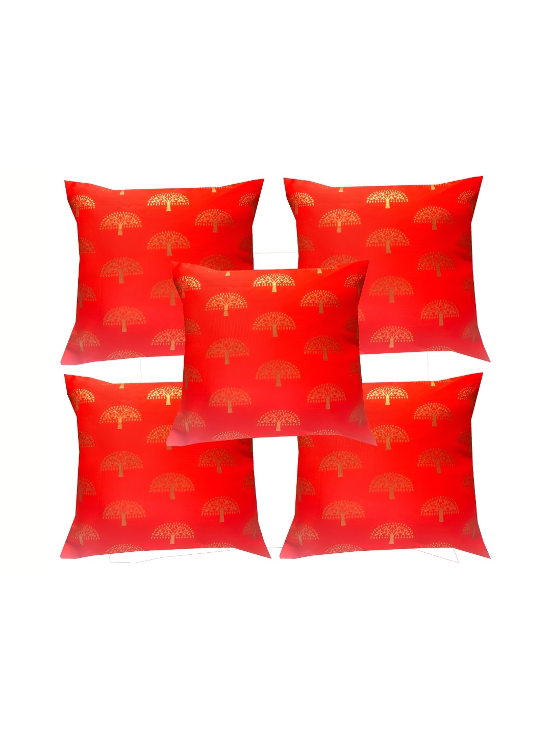 

Pink Parrot Red & Gold-Toned Set of 5 Ethnic Motifs Square Cushion Covers