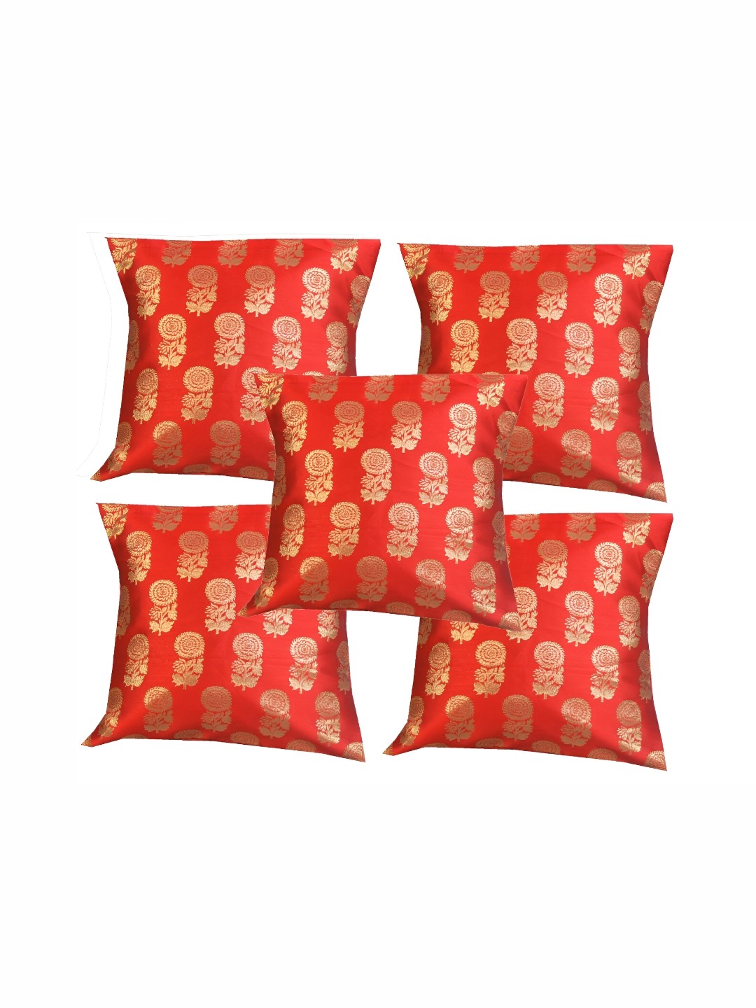 

Pink Parrot Red & Gold-Toned Set of 5 Ethnic Motifs Square Cushion Covers