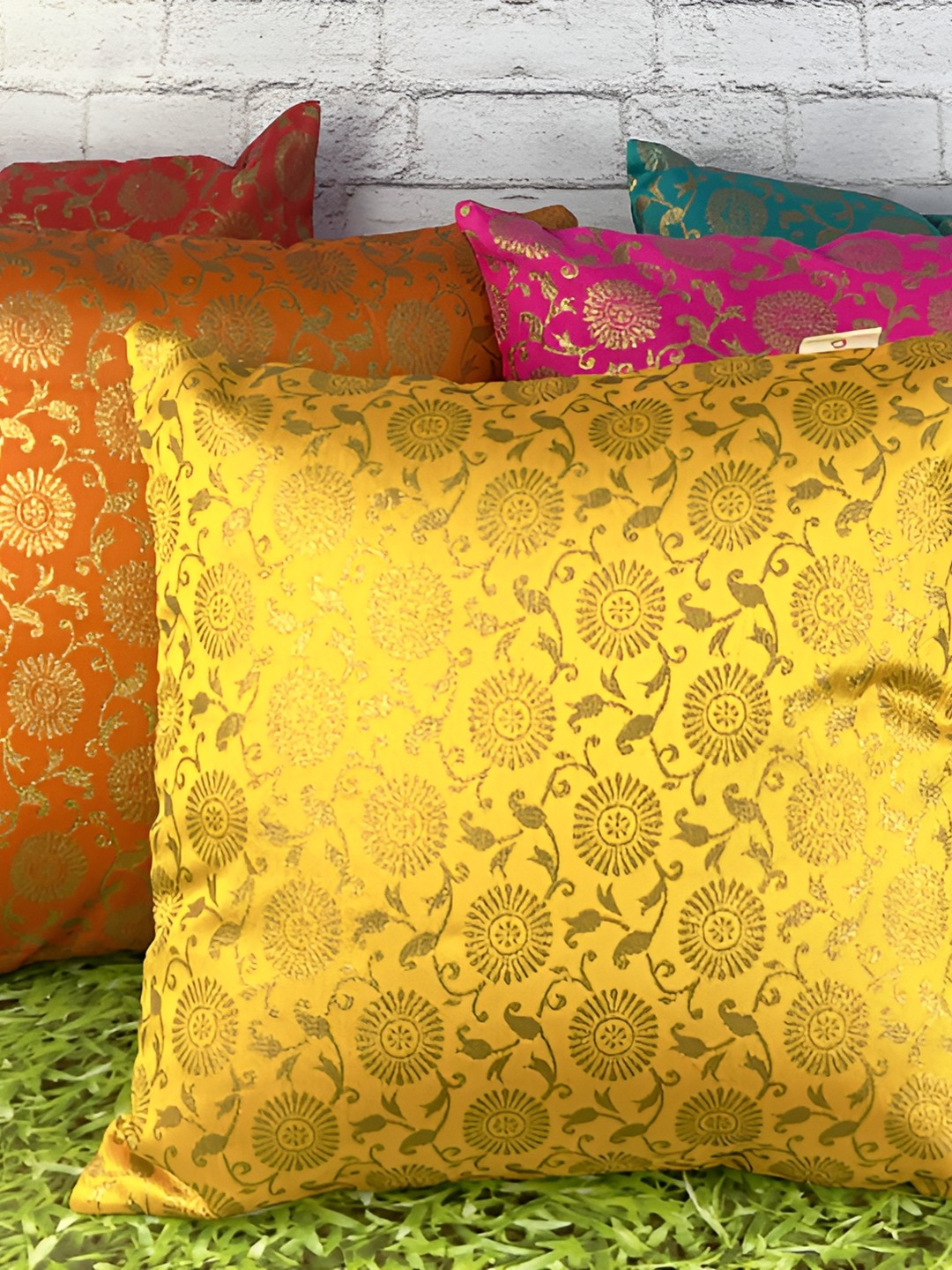 

Pink Parrot Yellow & Pink Set of 5 Ethnic Motifs Square Cushion Covers
