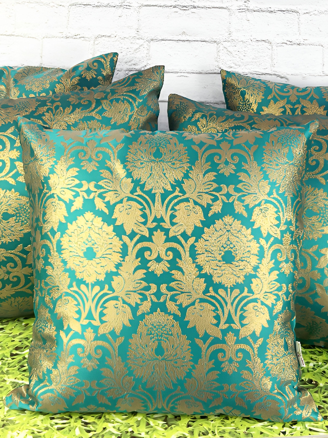 

Pink Parrot Green & Gold-Toned Set of 5 Ethnic Motifs Square Cushion Covers