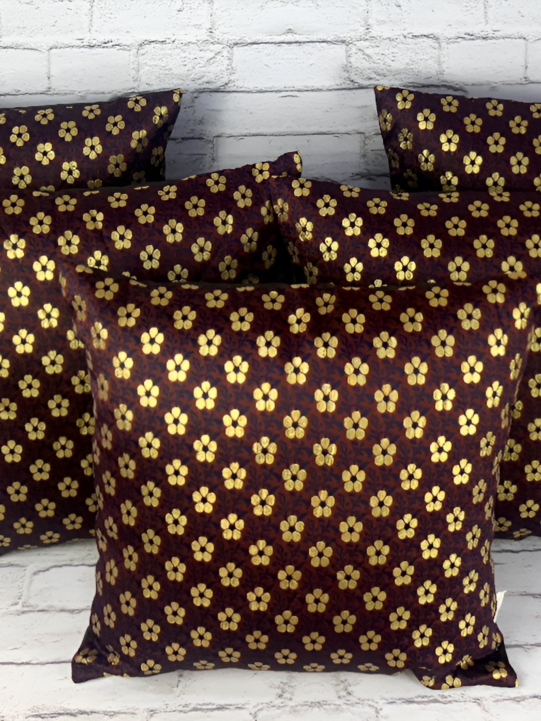 

Pink Parrot Brown & Navy Blue Set of 5 Ethnic Motifs Square Cushion Covers