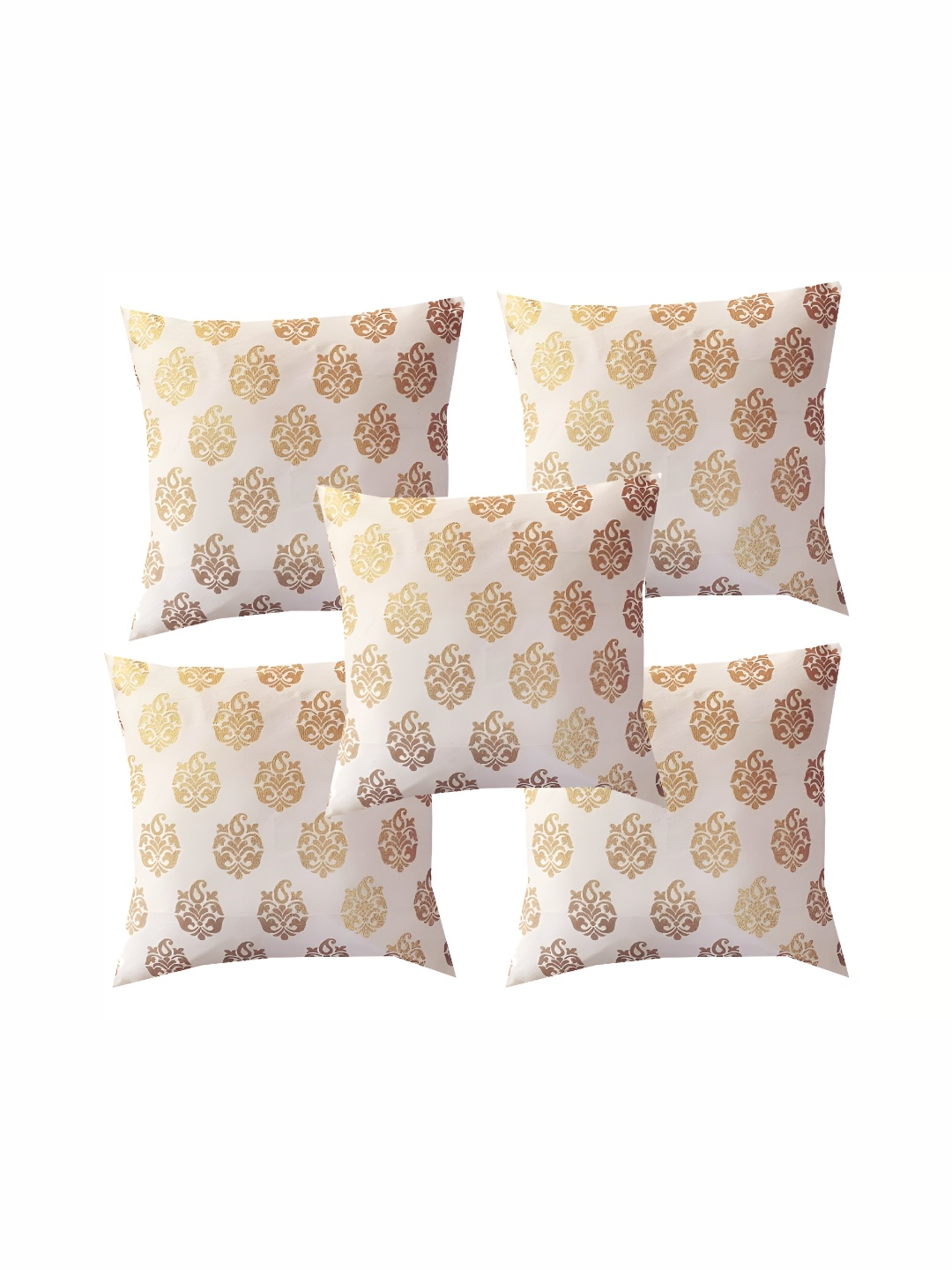 

Pink Parrot White & Gold-Toned Set of 5 Ethnic Motifs Square Cushion Covers