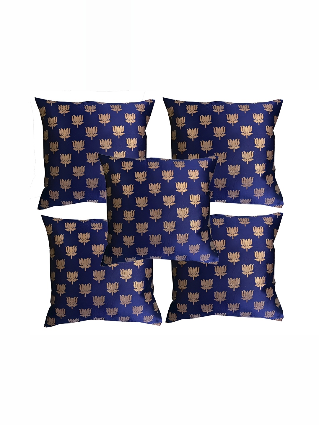 

Pink Parrot Navy Blue & Gold-Toned Set of 5 Ethnic Motifs Square Cushion Covers