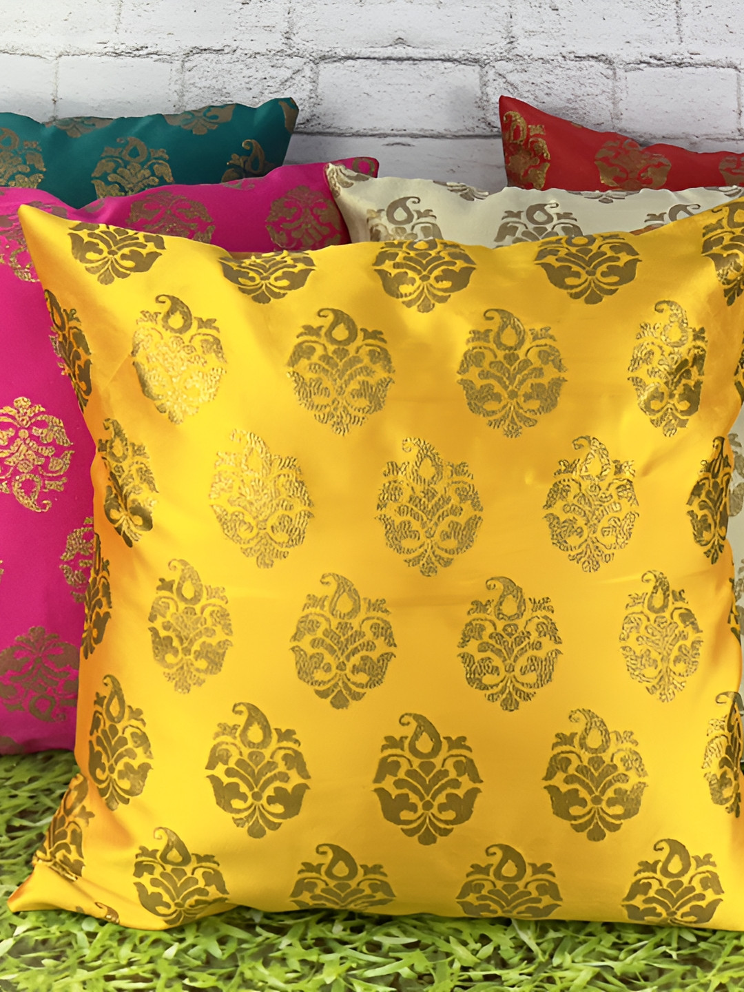 

Pink Parrot Yellow & Pink Set of 5 Ethnic Motifs Square Cushion Covers