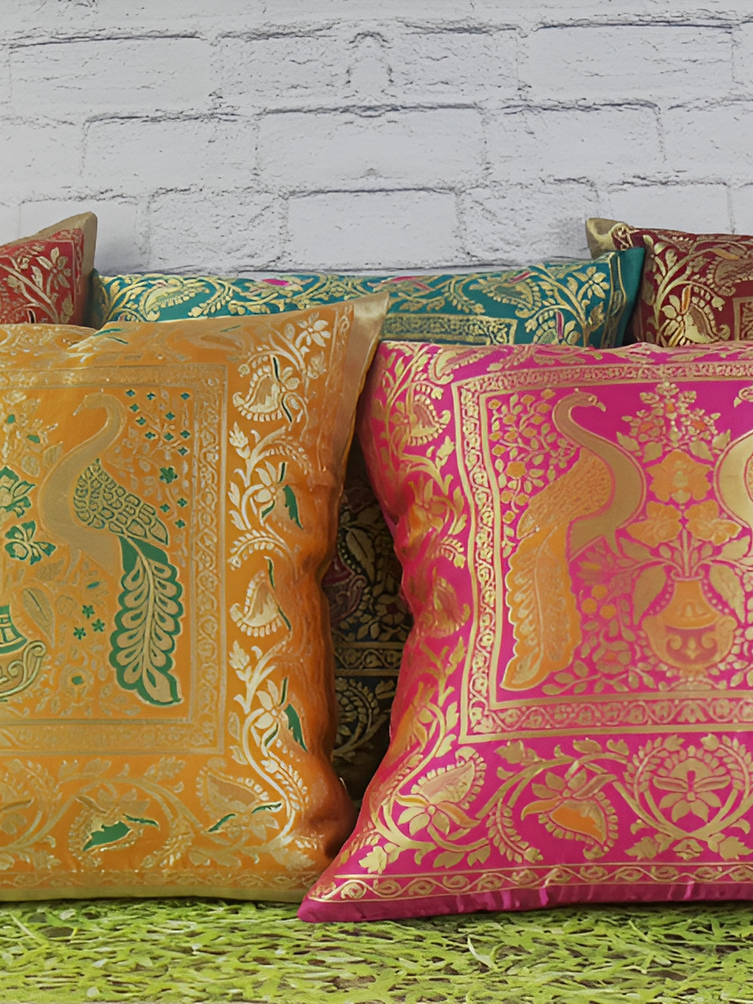 

Pink Parrot Yellow & Pink Set of 5 Ethnic Motifs Square Cushion Covers