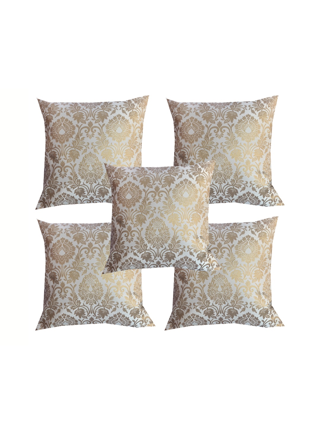 

Pink Parrot White & Gold-Toned Set of 5 Ethnic Motifs Square Cushion Covers