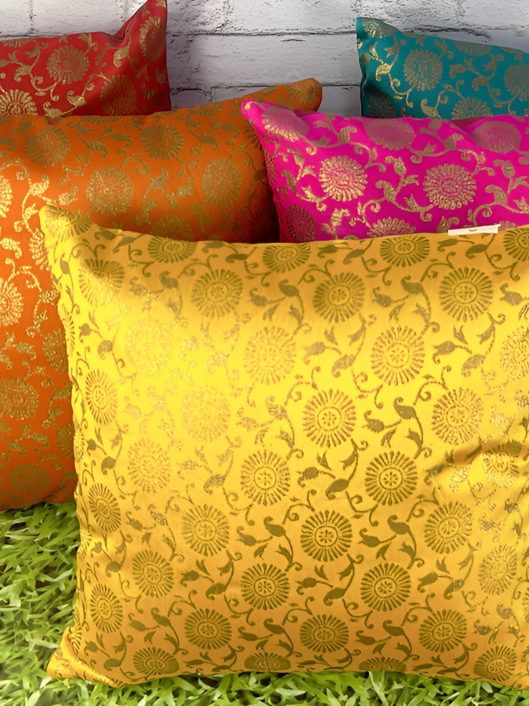 

Pink Parrot Yellow & Pink Set of 5 Ethnic Motifs Square Cushion Covers