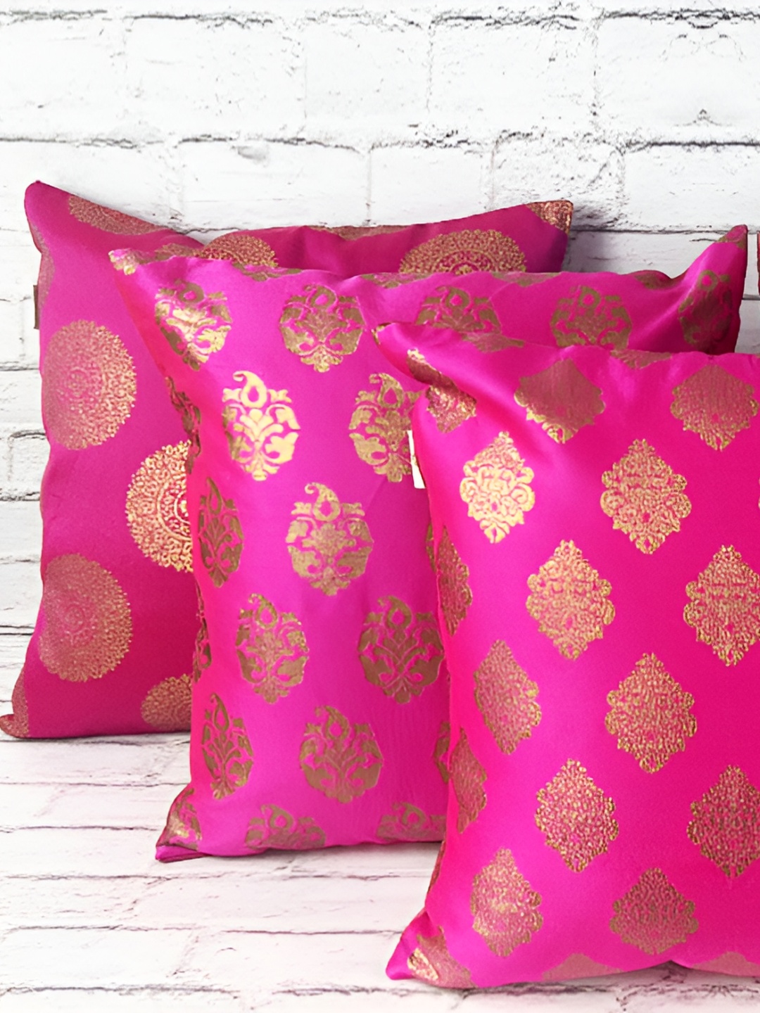 

Pink Parrot Pink & Gold-Toned Set of 5 Ethnic Motifs Square Cushion Covers