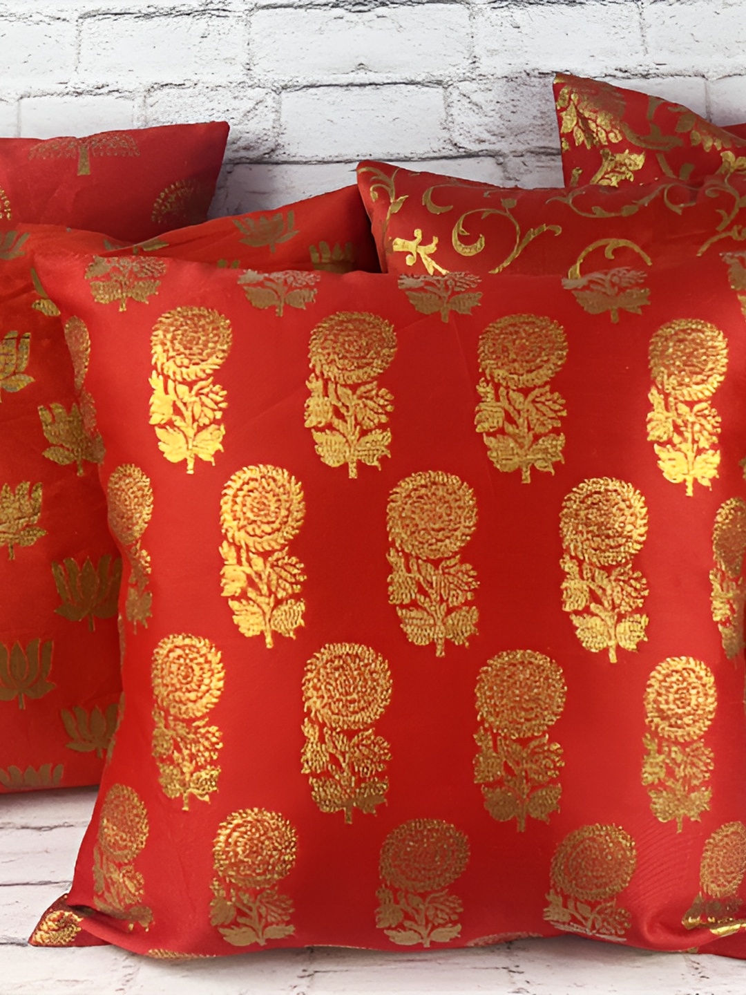 

Pink Parrot Orange & Gold-Toned Set of 5 Ethnic Motifs Square Cushion Covers