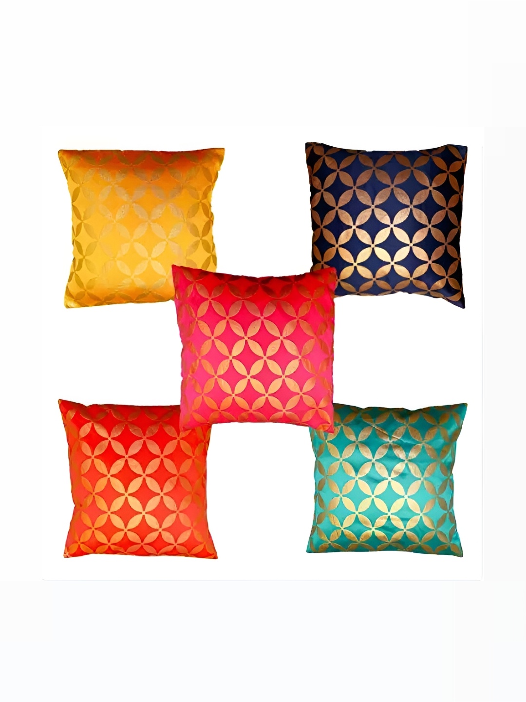 

Pink Parrot Yellow & Navy Blue Set of 5 Ethnic Motifs Square Cushion Covers