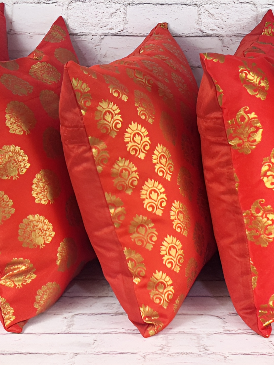 

Pink Parrot Red & Gold-Toned Set of 5 Ethnic Motifs Square Cushion Covers