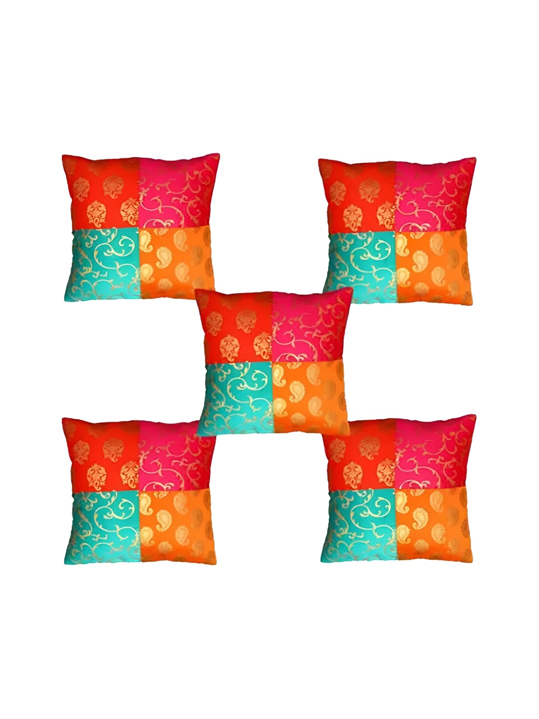 

Pink Parrot Orange & Pink Set of 5 Ethnic Motifs Square Cushion Covers