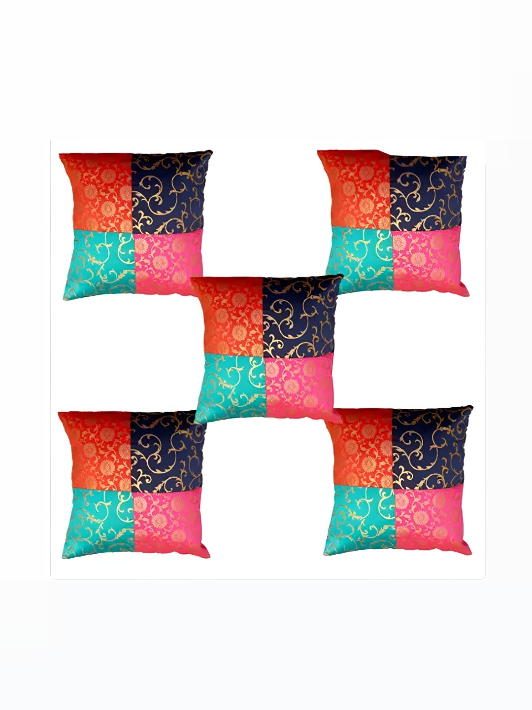 

Pink Parrot Pink & Navy Blue Set of 5 Ethnic Motifs Square Cushion Covers